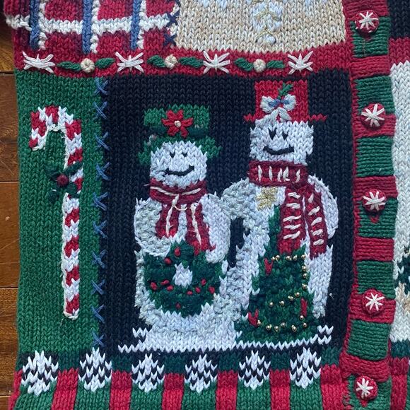 Vintage Christmas Tiara Cardigan Chunky Ugly Sweater XL Snowman Tree Cabincore - Picture 8 of 10